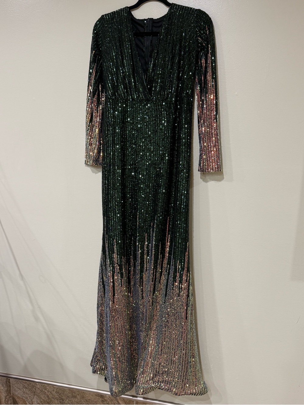 Green Sequin Ombre Long Sleeve Evening Dress